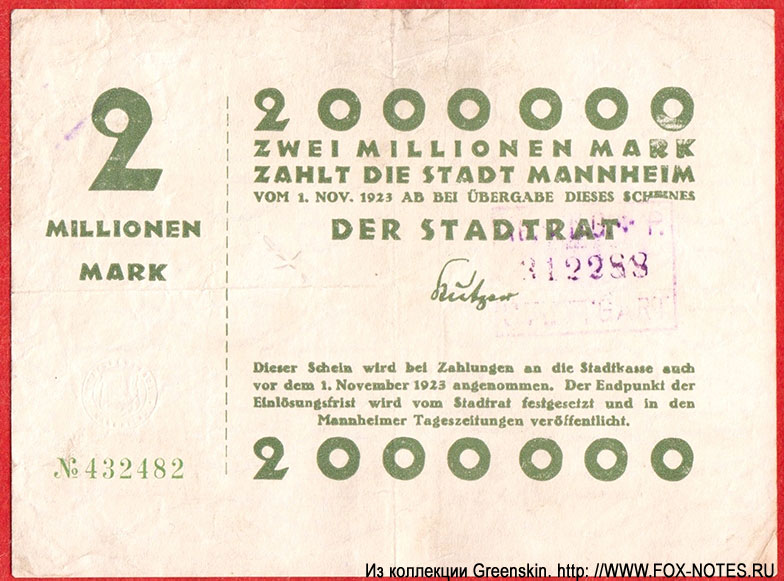 Stadt Mannheim 2 000 000 Mark 1923
