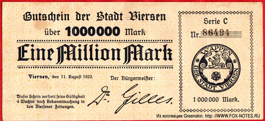Gutschein der Stadt Viersen 1000000 Mark. 11. August 1923.