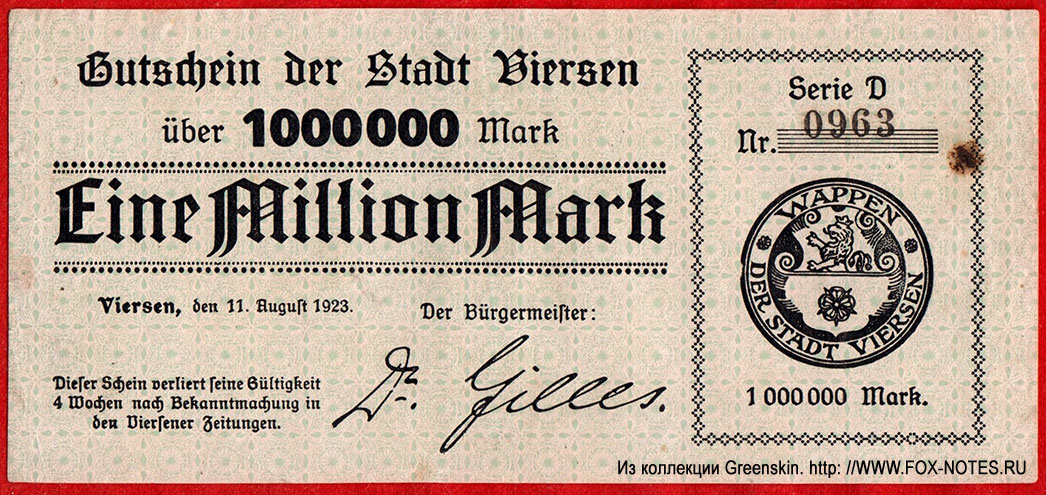 Gutschein der Stadt Viersen 1000000 Mark. 11. August 1923.