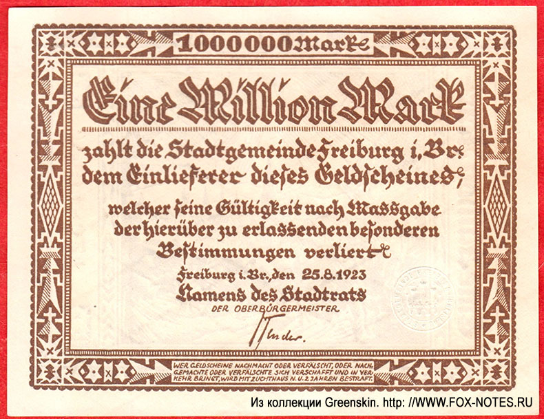 Stadtgemeinde Freiburg im Breisgau 1 Million Mark 1923
