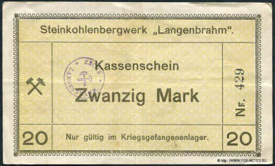 Steinkohlen-Bergwerk Langenbrahm Kassenschein 20 Mark.