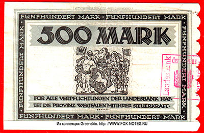 Landesbank der Provinz Westfalen, Münster. Scheine 500 Mark. 15. SEPTEMBER 1922. 