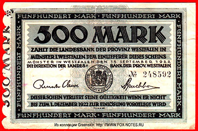 Landesbank der Provinz Westfalen, Münster. Scheine 500 Mark. 15. SEPTEMBER 1922. 