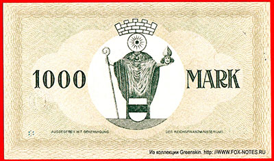 Stadthauptkasse Crefeld 1000 Mark 1922 /  