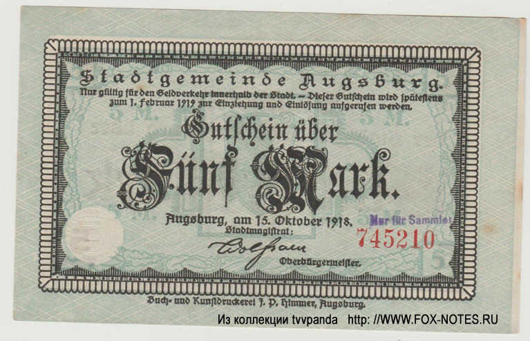 Stadtgemeinde Augsburg 5 Mark 1918