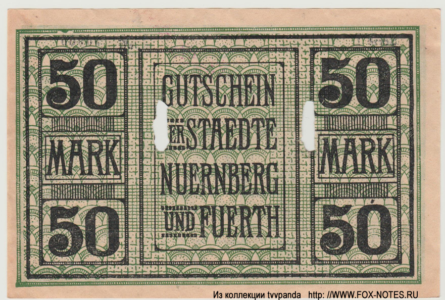 Gutschein der Stadt Nürnberg und Fuerth. 50 Mark. 23. Oktober 1918.