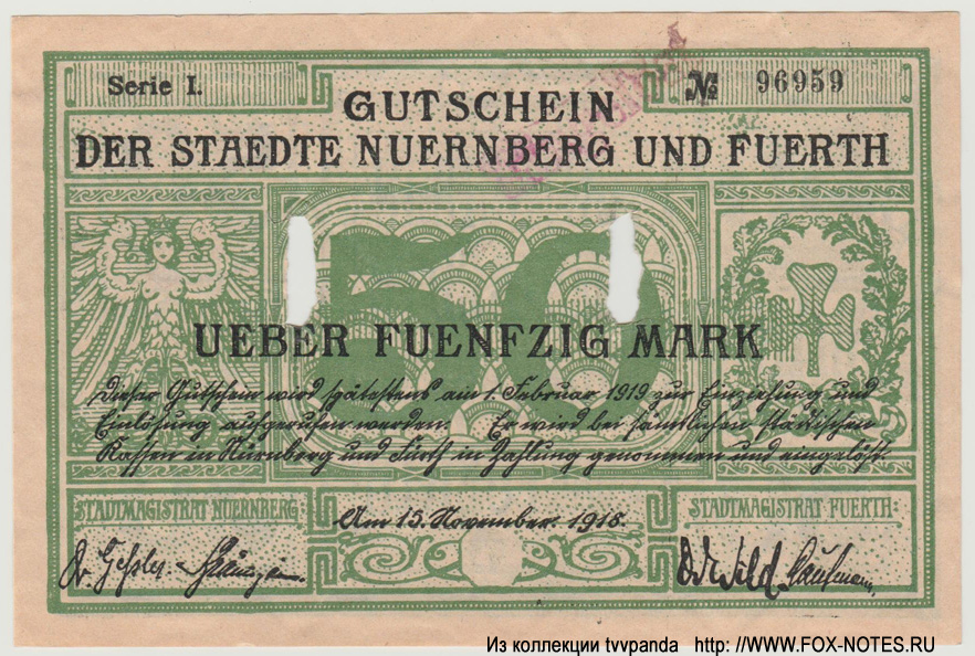 Gutschein der Stadt Nürnberg und Fuerth. 50 Mark. 23. Oktober 1918.