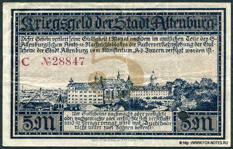 Kämmereikasse der Stadt Altenburg 5 Mark 1918