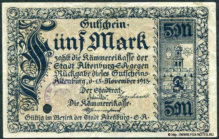 Die Kämmereikasse der Stadt Altenburg 5 Mark 1918