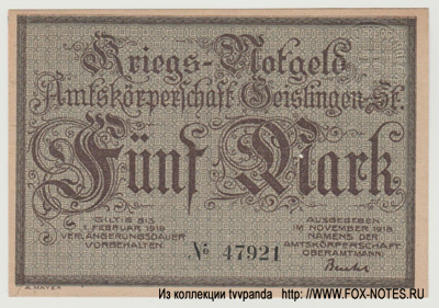 Amtskörperschaft Geislingen 5 Mark 1918