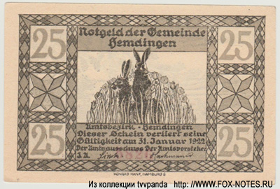 Notgeld der Gemeinde Hemdingen. 1921.