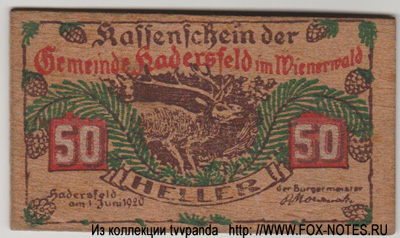 Kassenschein der Gemeinde Hadersfeld im Wienerwald. 2 Auflage. 1. Juni 1920.