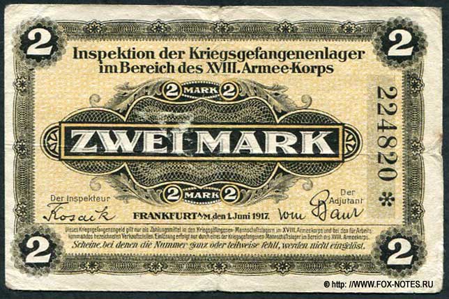 Lager Frankfurt (Main). 2 Mark. Schein. 1. Juni 1917. 