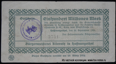Bürgermeisterei Rösrath in Hoffnungsthal 100 millionen Mark 1923 Notgeld