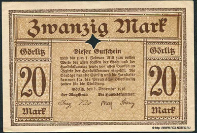 Handelskammer Görlitz Gutschein. 20 Mark. 1918.