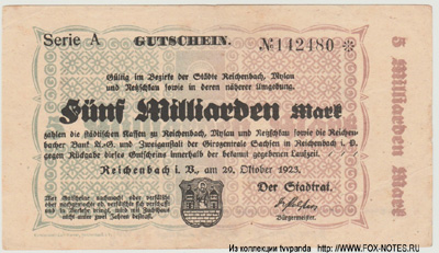 Stadtg Reichenbach 5000000000 Mark 1923
