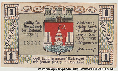 Stadtkasse Hoyer 1 Mark 1920 / Notgeld