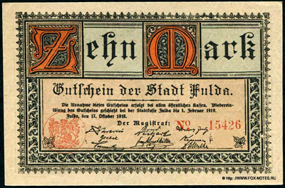 Gutschein der Stadt Fulda. 17. Oktober 1918.