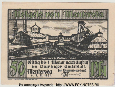 Notgeld der Menteroda. 1.11.1921.