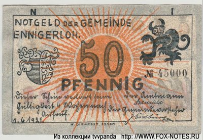 Notgeld der Gemeinde Ennigerloh. 1.6.1921