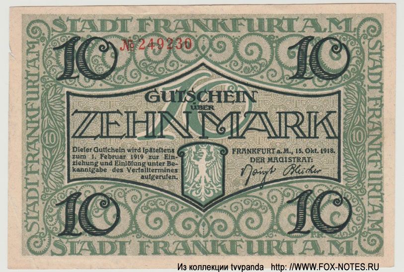 Stadt Frankfurt a/M. 10 Mark 1918