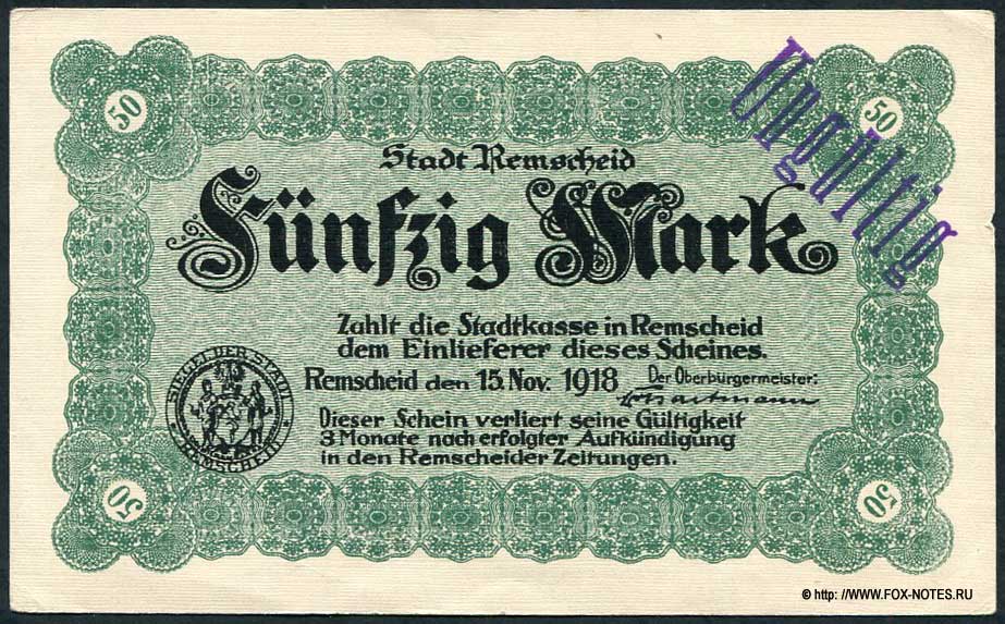 Stadt Remscheid 50 Mark 1918