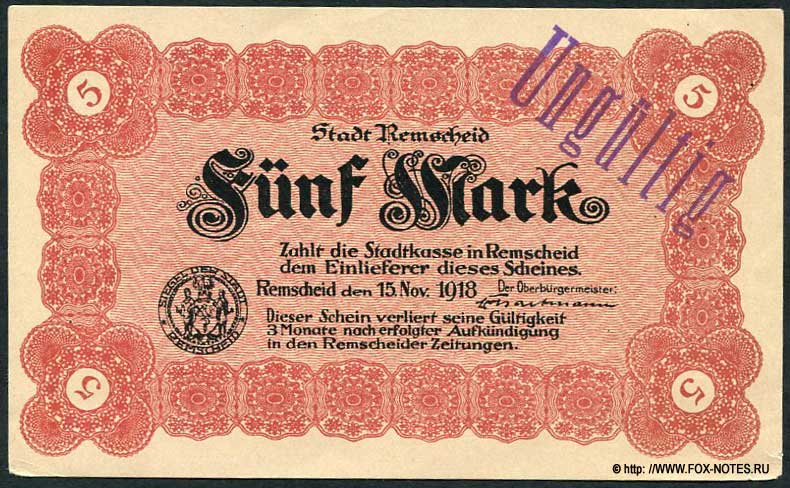Stadt Remscheid 5 Mark 1918