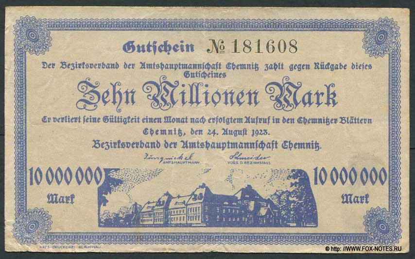 Bezirksverband der Amtshauptmannschaft Chemnitz Gutschein. 10 Millionen Mark. 24. August 1923.