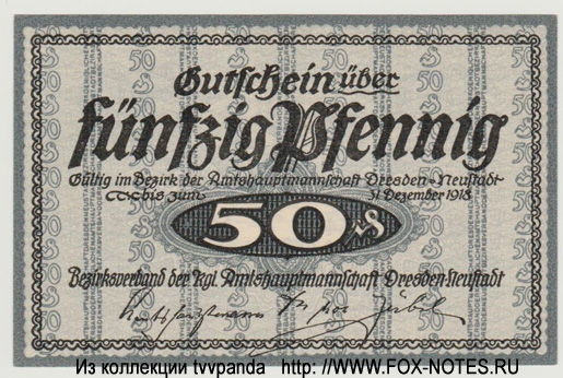 Amtshauptmannschaft Dresden-Neustadt Bezirksverband 50 Pfennig 1918.