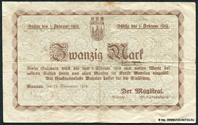 Stadt Bunzlau. Gutschein. 11. November 1918.