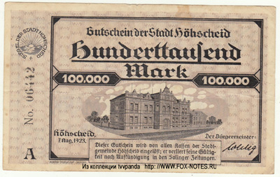 Stadt Höhscheid 100000 Mark 1923 Notgeld