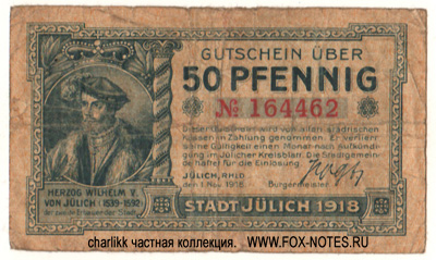 Stadt Jülich Gutschein. 1. November 1918.