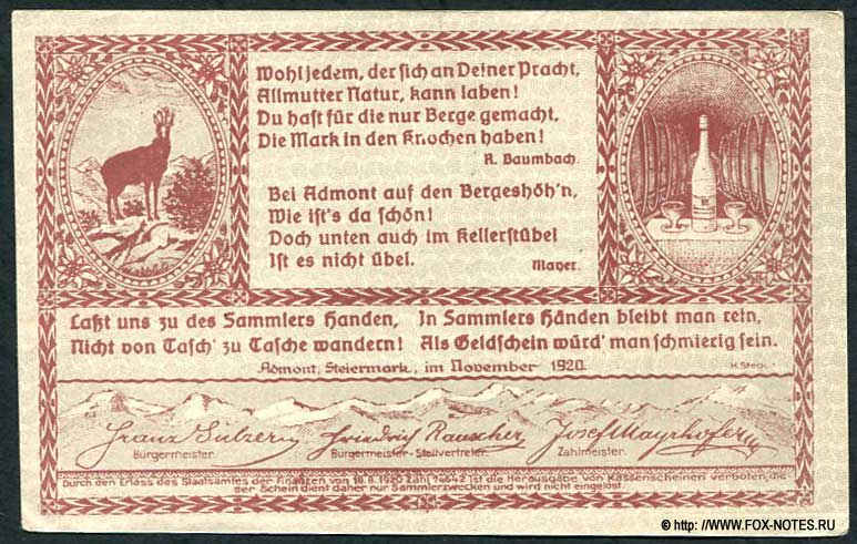 Gutschein des Marktes Admont. 60 Heller. November 1920