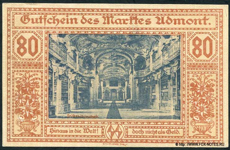 Gutschein des Marktes Admont. 80 Heller. November 1920