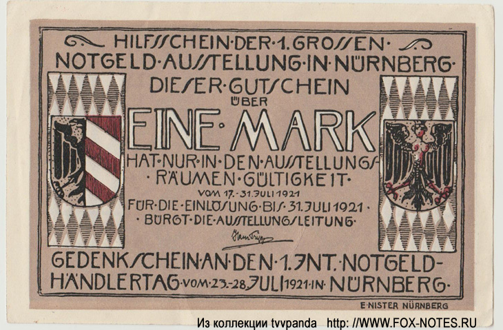 Ausstellung in Nürnberg Gutschein. 1 Mark. 23. Juli 1921.