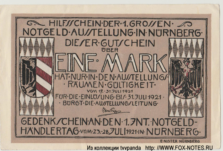 Ausstellung in Nürnberg Gutschein. 1 Mark. 23. Juli 1921.