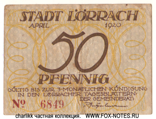 Stadt Lörrach 50 Pfennig 1920 Notgeld