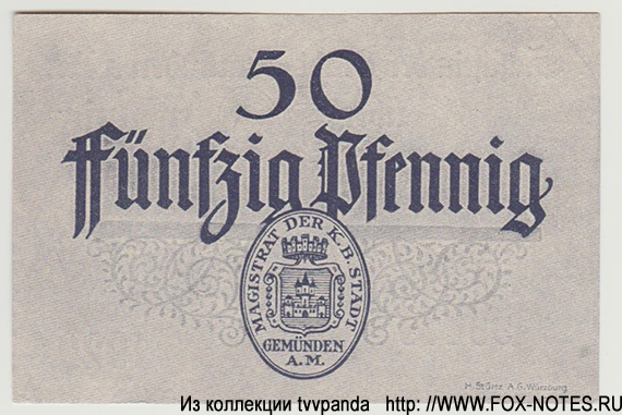 Gutschein der Stadt Gemünden am Main. 50 Pfennig 1920.
