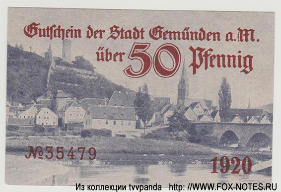 Gutschein der Stadt Gemünden am Main. 50 Pfennig 1920.