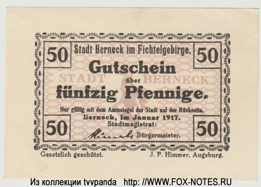 Stradt Berneck im Fichtelgebirge 50 Pfennig 1917