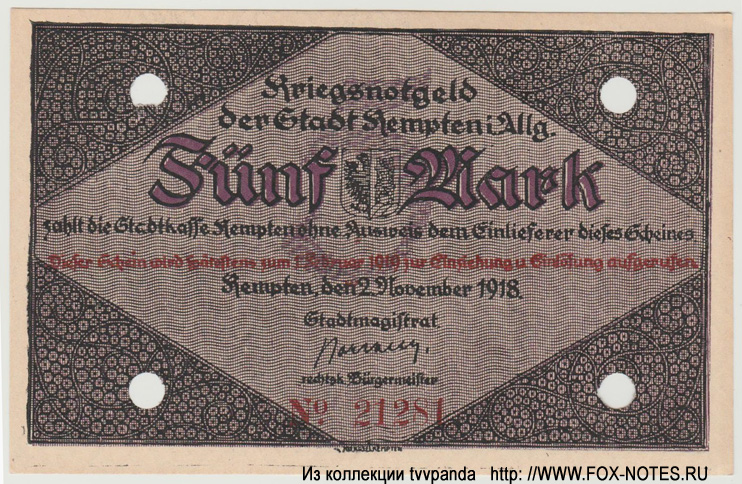Kriegsnotgeld Stadt Kempten in Allg. 5 Mark. 2. November 1918.