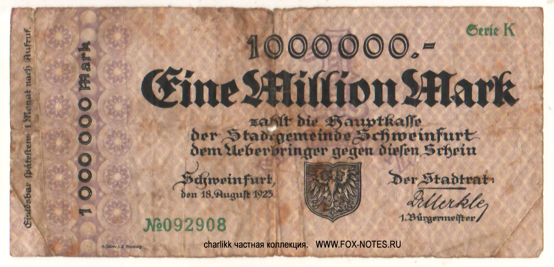Stadt Schweinfurt 1000000 Mark 1923