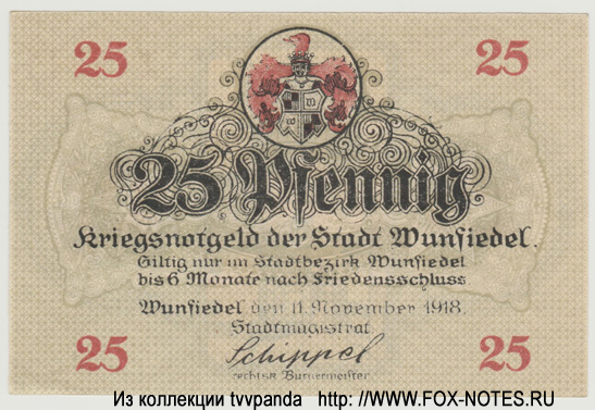 Kriegsnotgeld der Stadt Wunsiedel. 25 Pfennig. 11. November 1918.
