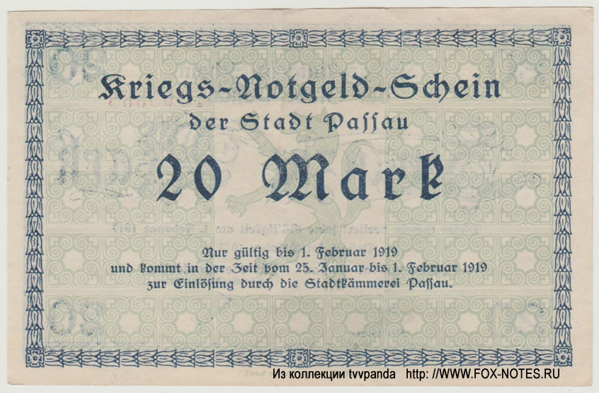 Stadt Passau. 20 Mark. 1918.