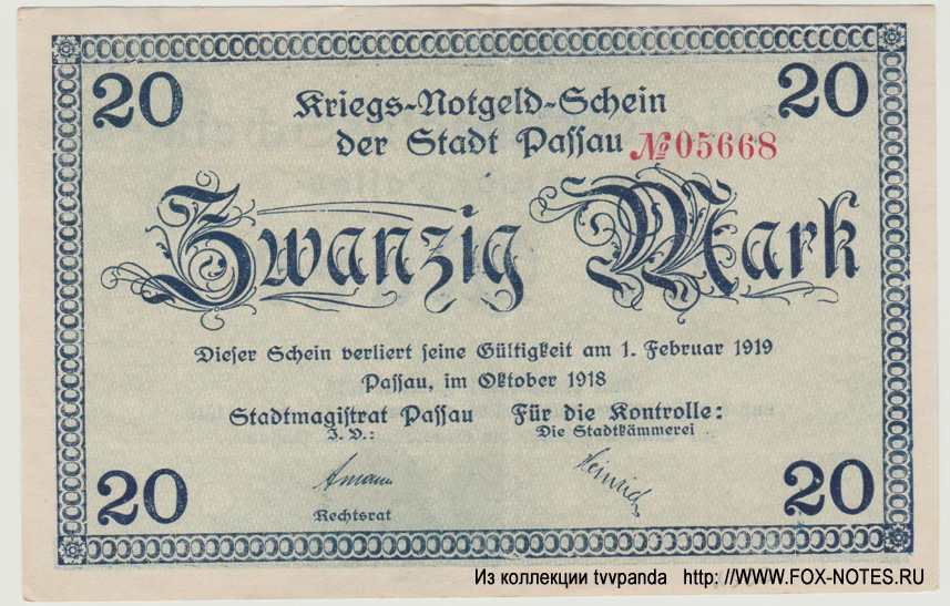 Kriegs-Notgeld-Schein der Stadt Passau. 20 Mark. Oktober 1918.