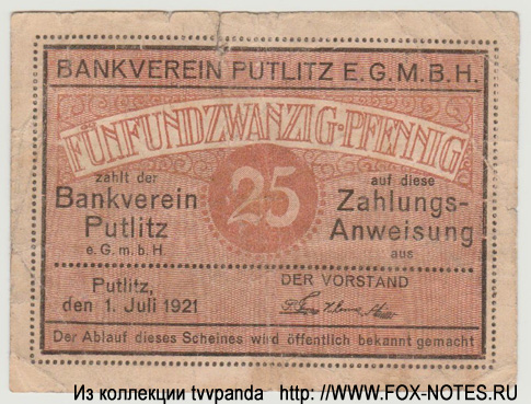 Bankverein Putlitz E.G.M.B.H. Zahlungs-Anweisung. 25 Pfennig 1921.