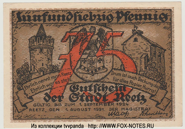 Gemeinde Reetz 75 Pfennig 1921