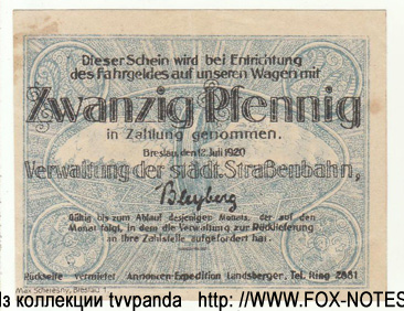 Städtische Straßenbahn Breslau 20 Pfennig 1920