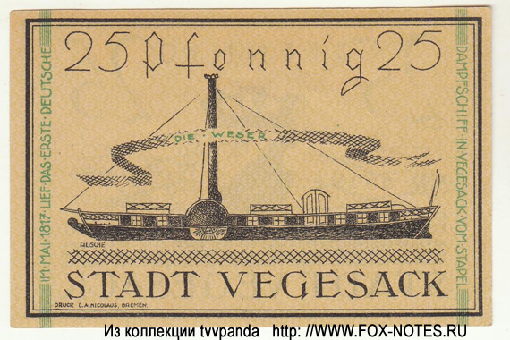 Stadtverwaltung Vegesack 25 Pfennig. 1921.