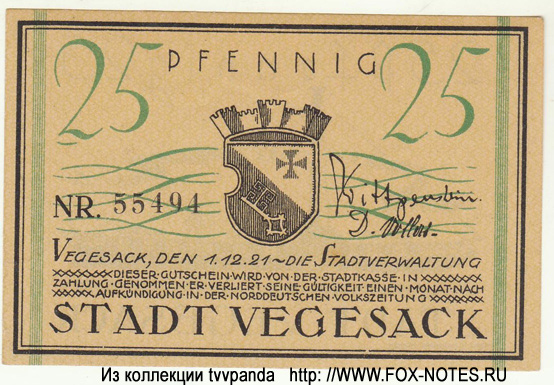 Stadtverwaltung Vegesack 25 Pfennig. 1921.